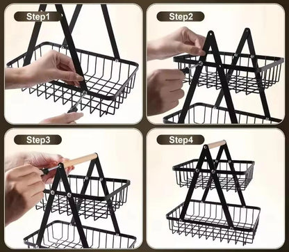 Montage en 4 étapes d'un Panier fruits 2/3 étages pliable – rangement cuisine décoratif en métal noir avec poignée bois