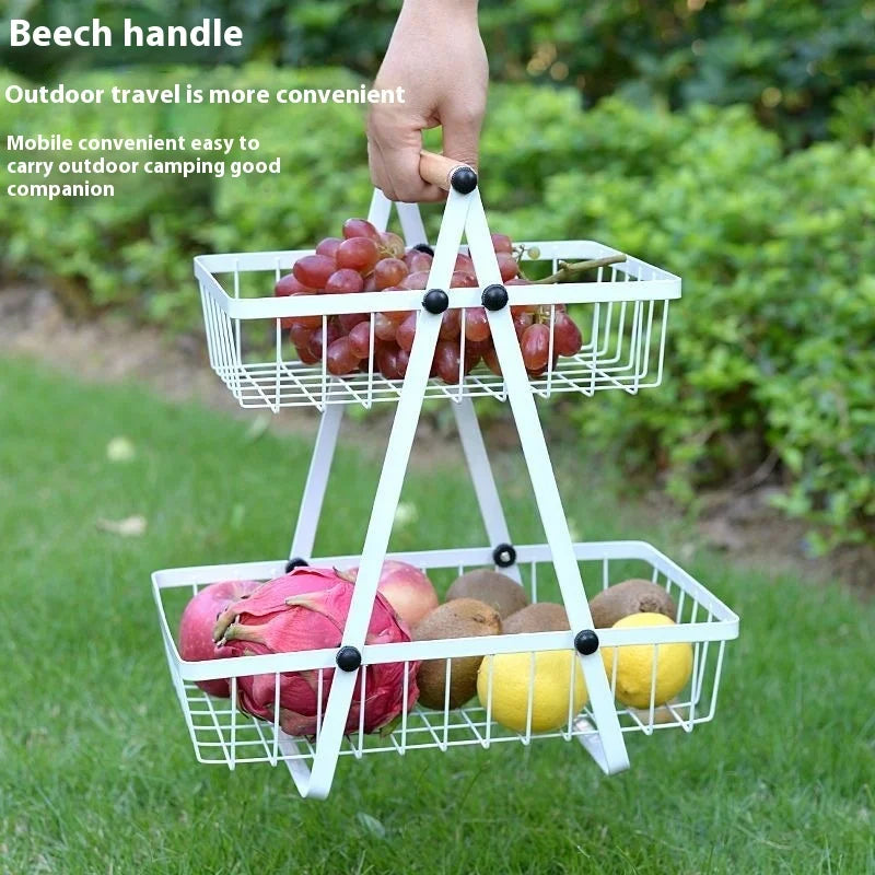 Panier fruits 2/3 étages pliable – rangement cuisine décoratif blanc à deux niveaux avec anse bois et fruits