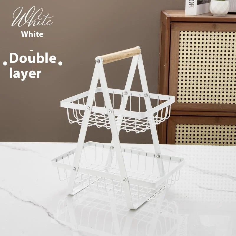 Panier fruits 2/3 étages pliable – rangement cuisine décoratif. Panier métal blanc double couche avec poignée en bois