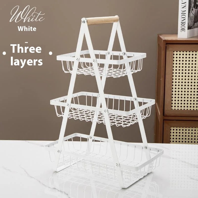 Panier fruits 2/3 étages pliable – rangement cuisine décoratif, blanc métal 3 niveaux poignée bois pour fruits