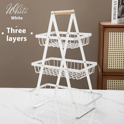 Panier fruits 2/3 étages pliable – rangement cuisine décoratif, blanc métal 3 niveaux poignée bois pour fruits