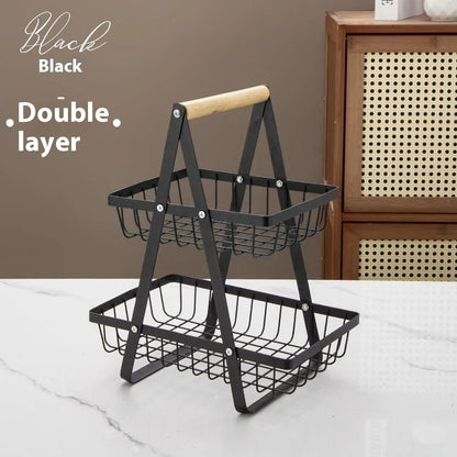 Panier fruits 2/3 étages pliable – rangement cuisine décoratif en métal noir à deux niveaux avec poignée bois