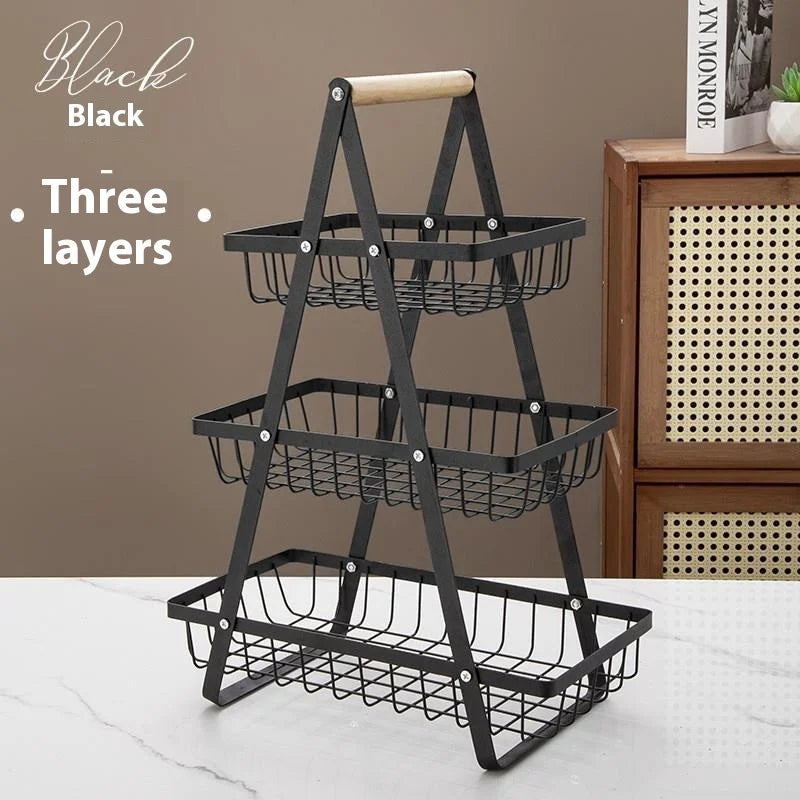 Panier fruits 2/3 étages pliable – rangement cuisine décoratif. Présentoir métal noir à trois niveaux avec poignée en bois