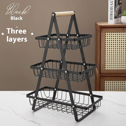Panier fruits 2/3 étages pliable – rangement cuisine décoratif. Présentoir métal noir à trois niveaux avec poignée en bois