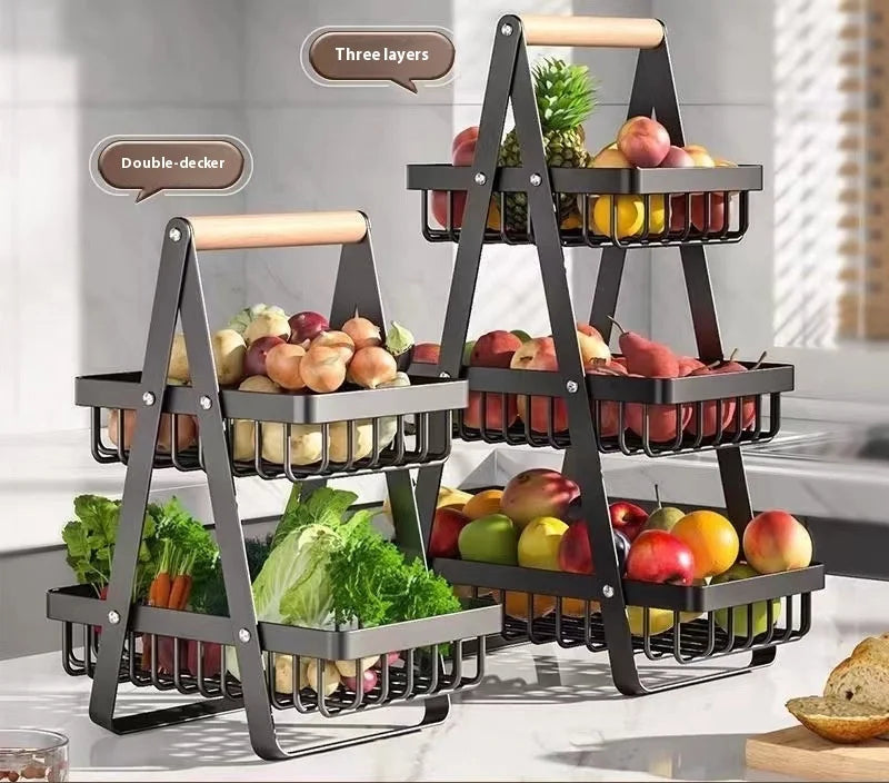 Panier fruits 2/3 étages pliable – rangement cuisine décoratif, présentoir pliant noir à 2 et 3 niveaux rempli de fruits