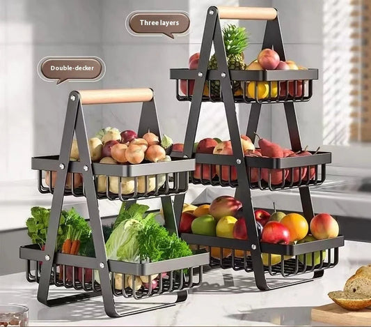 Panier fruits 2/3 étages pliable – rangement cuisine décoratif, présentoir pliant noir à 2 et 3 niveaux rempli de fruits