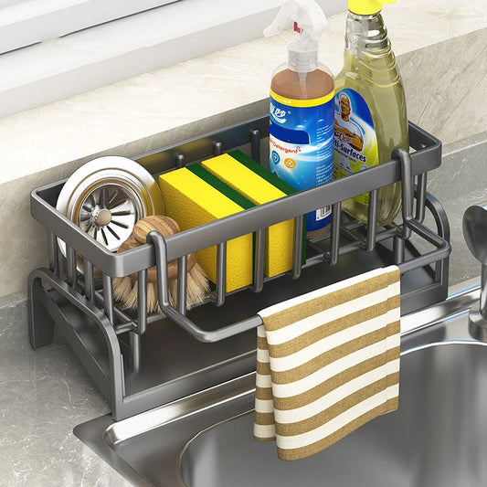 Porte Éponge Inox Antirouille – Compact & Élégant. Rangement évier en inox suspendu avec éponges, brosses, flacons et torchon.