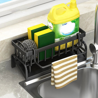 Porte Éponge Inox Antirouille – Compact & Élégant. Support inox noir pour éponges, brosse et chiffon au bord d'évier