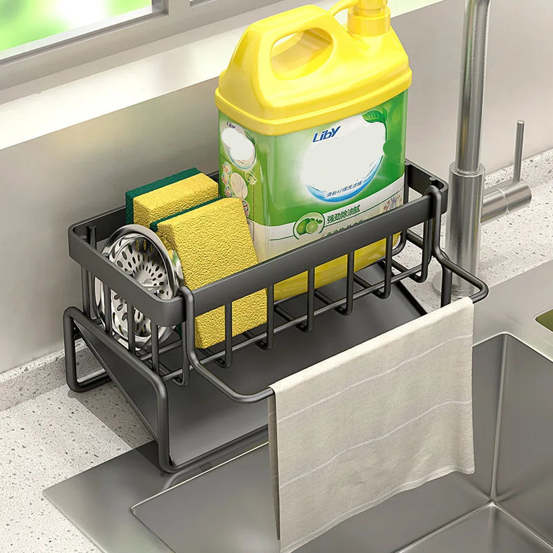 Porte Éponge Inox Antirouille – Compact & Élégant support d'évier noir tenant éponge, flacon de détergent et chiffon