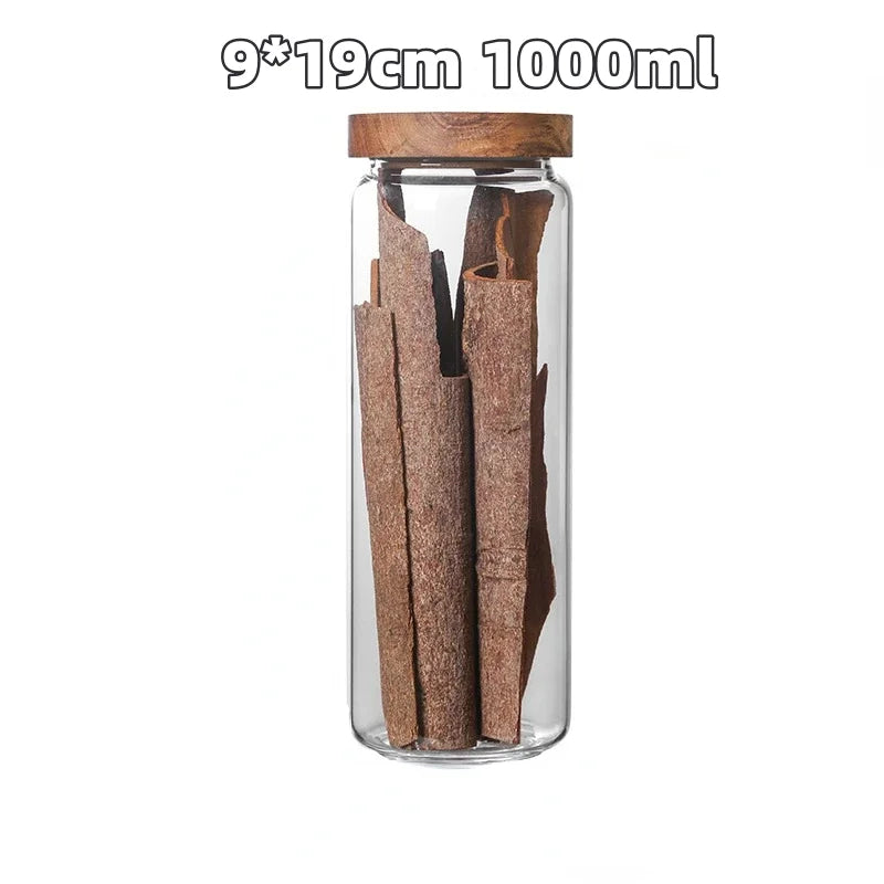 Pots de Conservation en Verre avec Couvercle en Bambou 1000ml bocal transparent contenant batons de cannelle