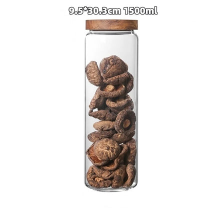 Pots de Conservation en Verre avec Couvercle en Bambou haut transparent rempli de champignons séchés shiitake 1500ml