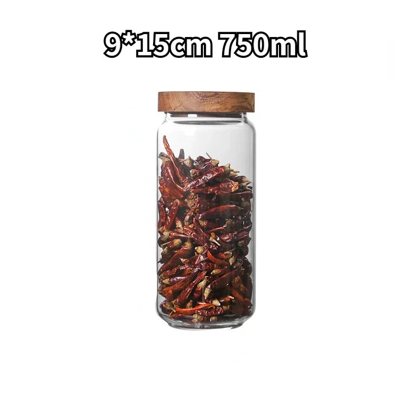 Pots de Conservation en Verre avec Couvercle en Bambou. Bocal 750 ml transparent rempli de piments secs couvercle bambou