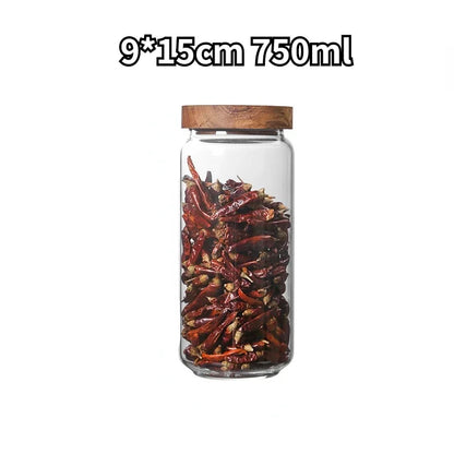 Pots de Conservation en Verre avec Couvercle en Bambou. Bocal 750 ml transparent rempli de piments secs couvercle bambou