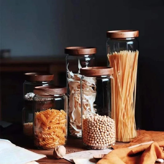 Set de Pots de Conservation en Verre avec Couvercle en Bambou contenant spaghetti fusilli et pois chiches