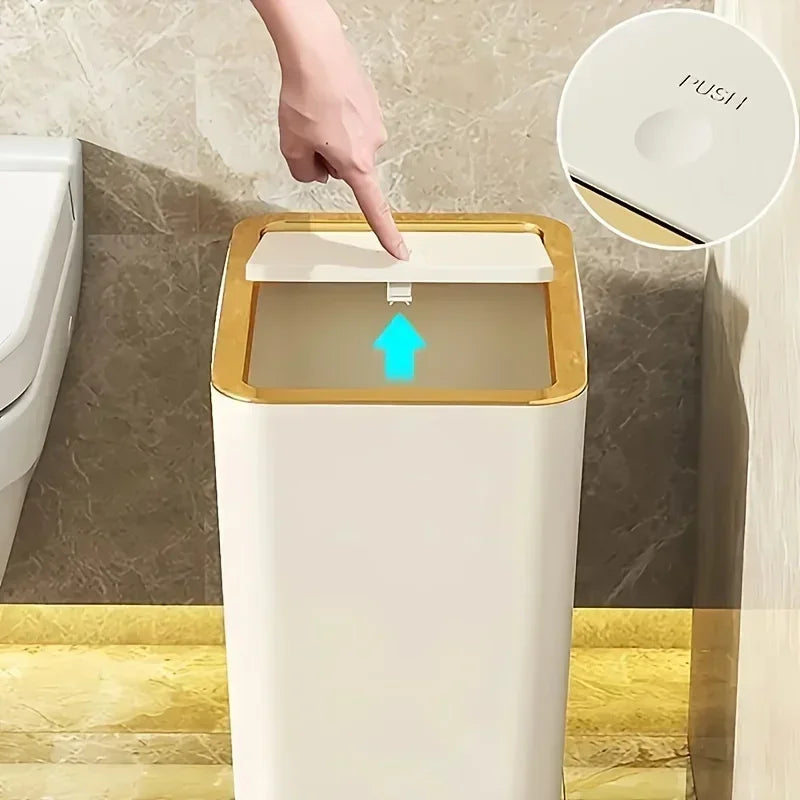 Poubelle Cuisine 10L – Design Moderne, Anti-Odeurs . Modèle blanc bord doré avec couvercle poussoir près des toilettes