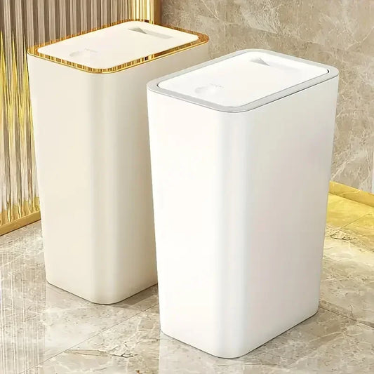 Poubelle Cuisine 10L – Design Moderne, Anti-Odeurs . Deux poubelles rectangulaires blanches et ivoire avec bord doré et argent