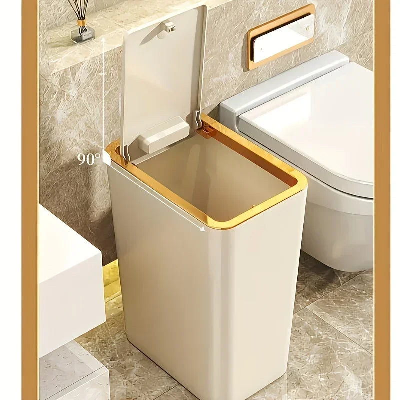 Poubelle Cuisine 10L – Design Moderne, Anti-Odeurs . Corbeille crème bord doré ouverte près du WC