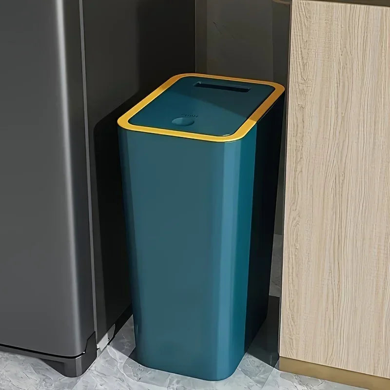 Poubelle Cuisine 10L – Design Moderne, Anti-Odeurs . Corbeille verte mince bord doré couvercle à fente entre frigo et meuble