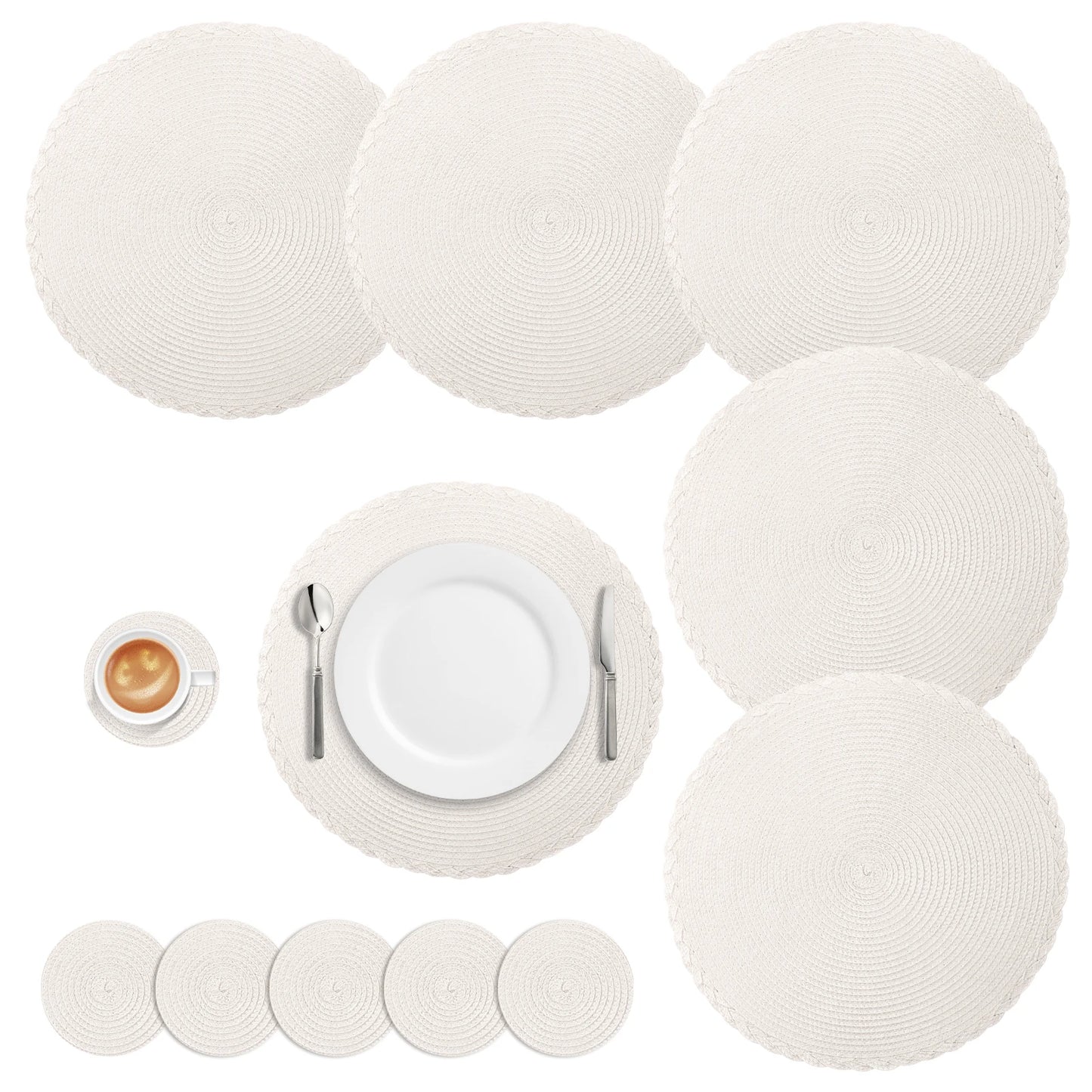 Set 6 Napperons & 6 Dessous de Verre – Tressé, Moderne. Napperons ronds blancs tressés pour table repas 6 grands 6 petits