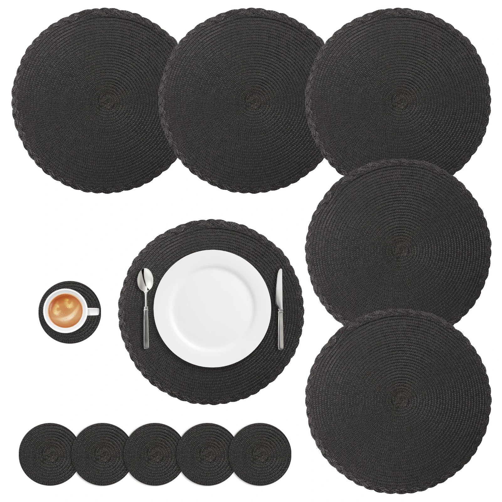 Set 6 Napperons & 6 Dessous de Verre – Tressé, Moderne. Ustensile de chef napperons ronds noirs pour table
