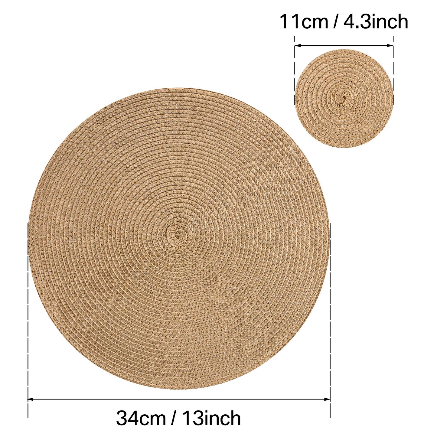 Set 6 Napperons & 6 Dessous de Verre – Tressé, Moderne. Napperons ronds tressés beige 34 cm et dessous de verre 11 cm