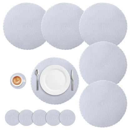 Set 6 Napperons & 6 Dessous de Verre – Tressé, Moderne. Ensemble rond blanc gris clair en fibres tressées pour table