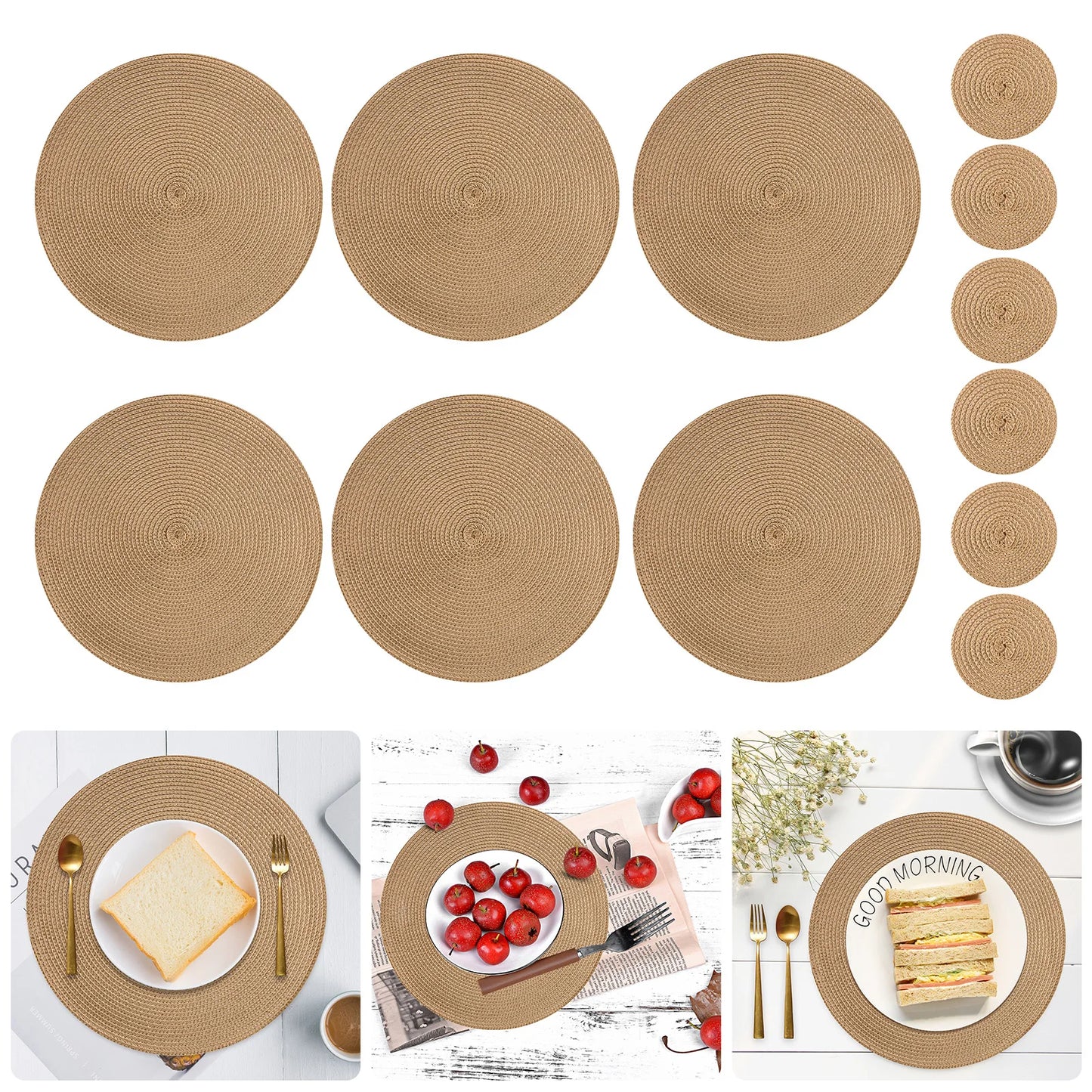 Set 6 Napperons & 6 Dessous de Verre – Tressé, Moderne. Napperons ronds tressés beige et 6 dessous de verre assortis