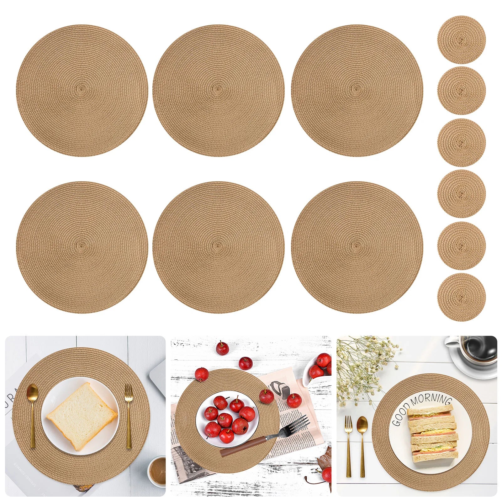 Set 6 Napperons & 6 Dessous de Verre – Tressé, Moderne. Napperons ronds tressés beige et 6 dessous de verre assortis