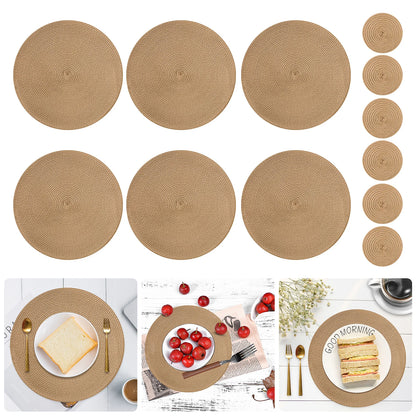 Set 6 Napperons & 6 Dessous de Verre – Tressé, Moderne. Napperons ronds tressés beige et 6 dessous de verre assortis