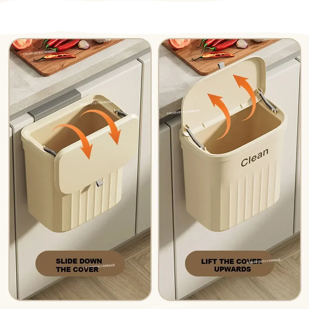 Poubelle de Cuisine Murale 8.5/12L avec Couvercle beige fixée à la porte de cuisine montrant ouverture rabattable