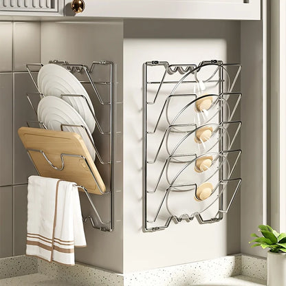 Support mural 5 couches pour couvercles de casseroles en acier inox rangement mural vertical pour couvercles et planches