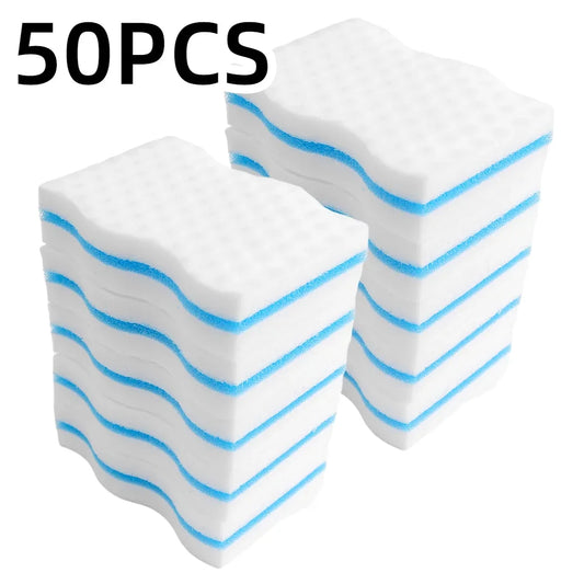 Paquet de 50 éponges blanches et bleues avec texture ondulée pour vaisselle, Éponge magique – Lot de 50 pièces éco-friendly 10×6 cm.