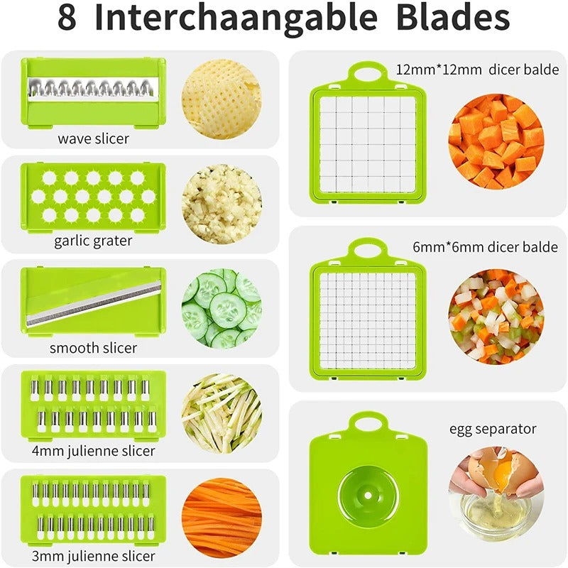 Mandoline Cuisine 10 en 1 avec Bac Coupe Légumes Inox et 8 lames interchangeables pour une préparation facile