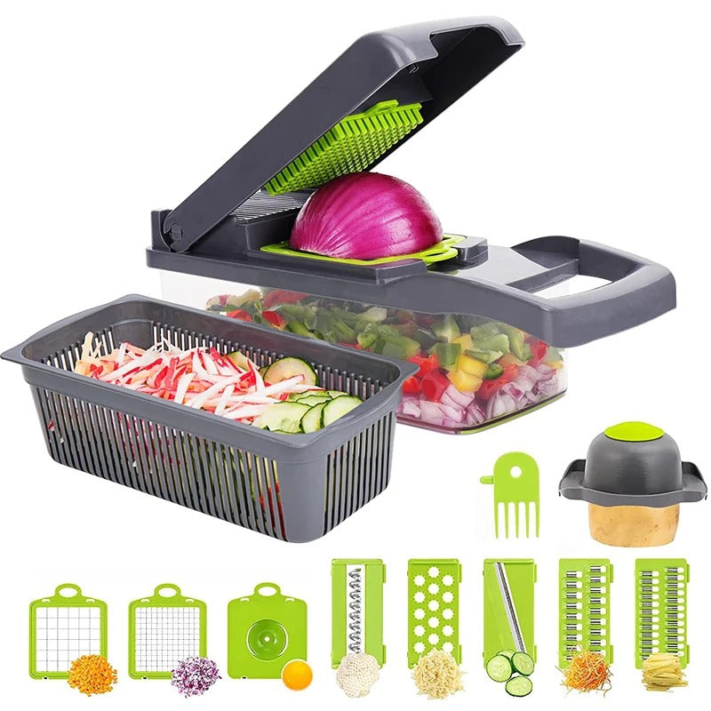 Mandoline Cuisine 10 en 1 avec Bac Coupe Légumes Inox pour préparer rapidement fruits et légumes.