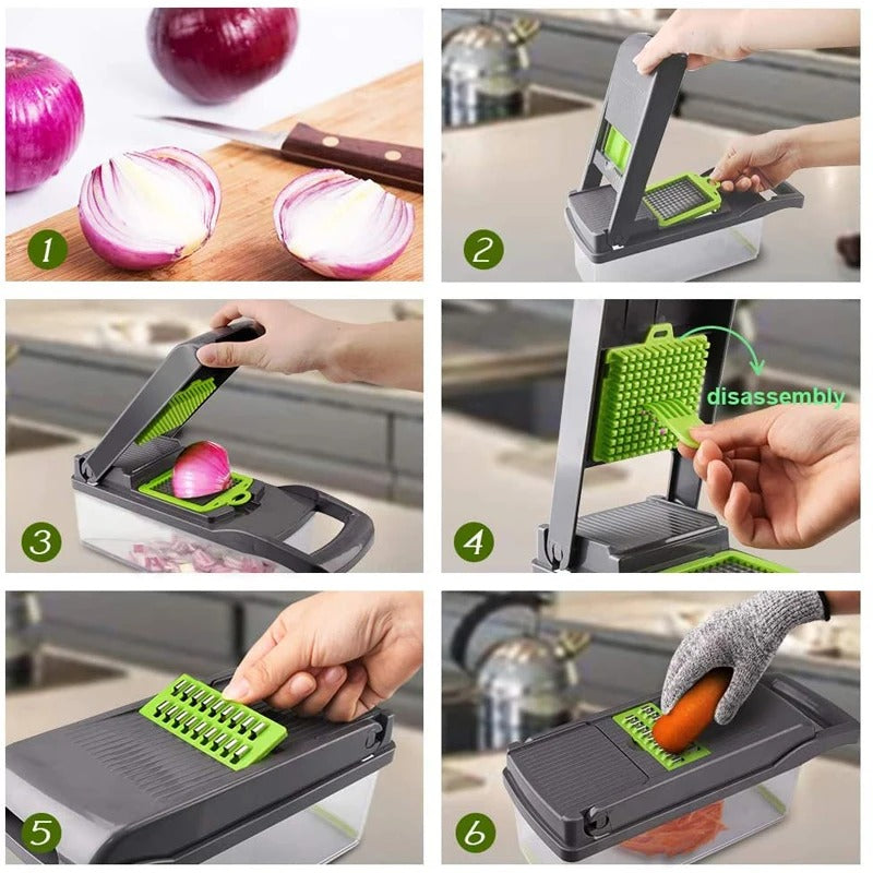Mandoline Cuisine 10 en 1 avec Bac Coupe Légumes Inox en action, tranchant oignons et carottes facilement