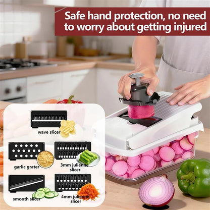 Mandoline Multifonction avec Bac Récupérateur, idéale pour trancher légumes et fruits en toute sécurité