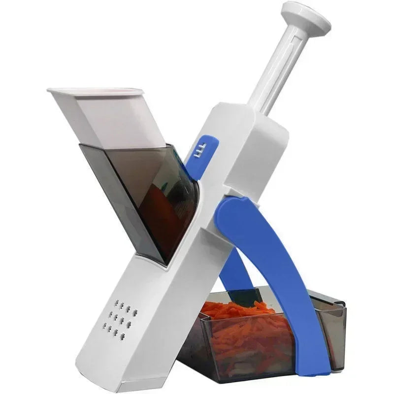 Mandoline Multifonction – Coupe Légumes Sécurisée & Rapide de Ustensile de chef avec poussoir bleu et récipient transparent