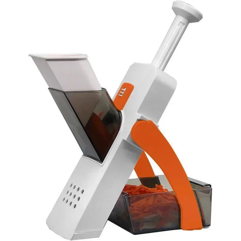 Mandoline Multifonction – Coupe Légumes Sécurisée & Rapide avec poussoir et récipient de collecte orange et blanc