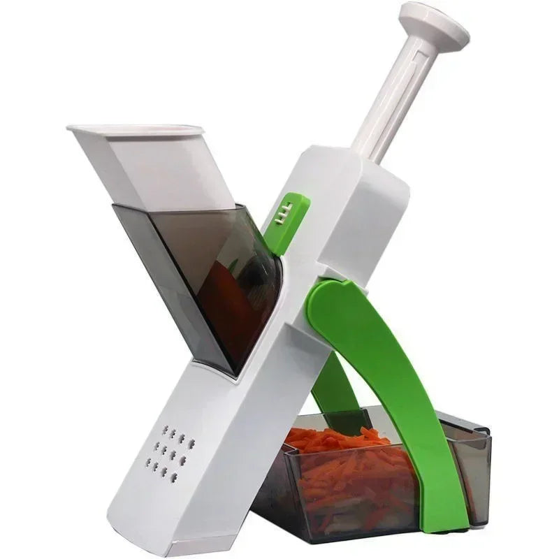 Mandoline Multifonction – Coupe Légumes Sécurisée & Rapide avec poussoir et bac de collecte vert et blanc
