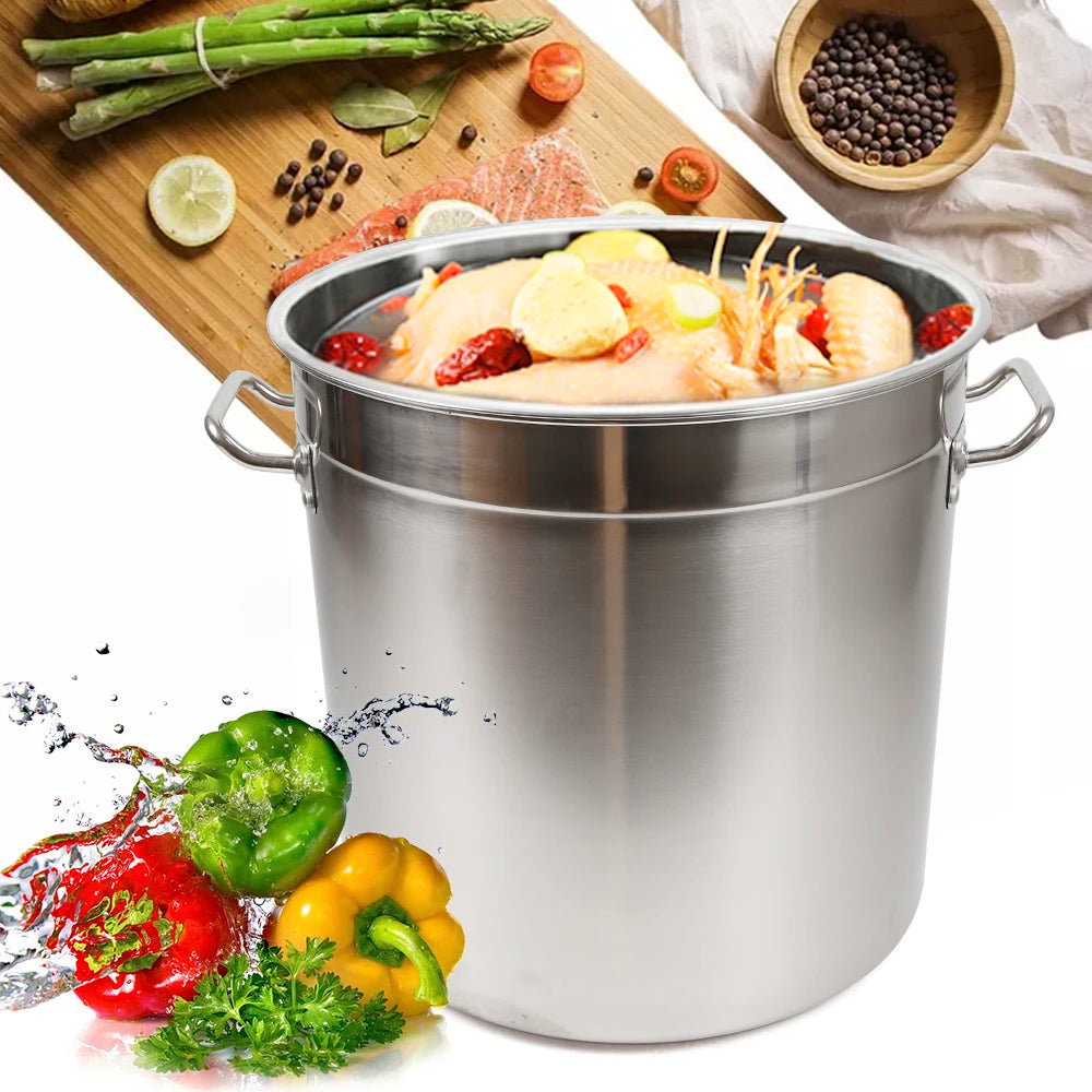 Marmite inox 35 L avec couvercle remplie d'ingrédients frais pour cuisson à la gaz