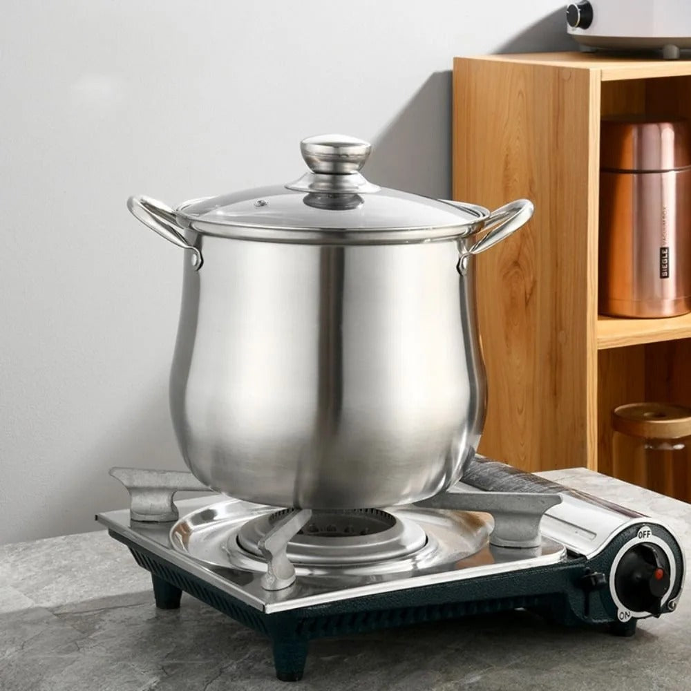 Marmite Inox à Fond Épais avec Couvercle Grande Capacité Compatible Induction et Gaz sur une plaque de cuisson