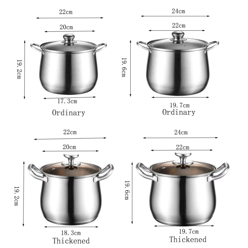 Marmite Inox à Fond Épais avec Couvercle Grande Capacité Compatible Induction et Gaz, dimensions illustrées
