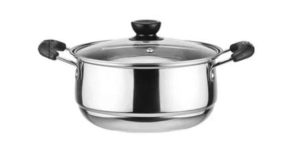 Marmite Inox Double Fond Compatible Gaz et Induction – 18 à 24 cm avec couvercle en verre et poignées en silicone