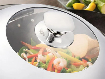 Couvercle Inox Universel 24–38 cm – Résistant, couvercle en inox avec hublot en verre montrant légumes et crevettes