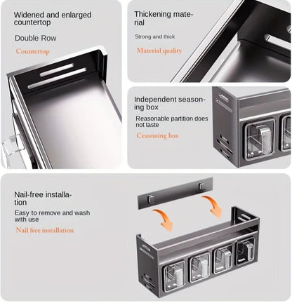 Étagère à épices murale alu – Rangement malin sans perçage. Support aluminium double rangée avec boîtes doseuses amovibles