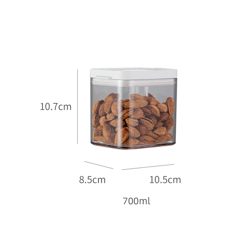 Boîtes de Conservation Transparentes Hermétiques – METKA. Pot carré 700 ml transparent avec couvercle blanc et amandes