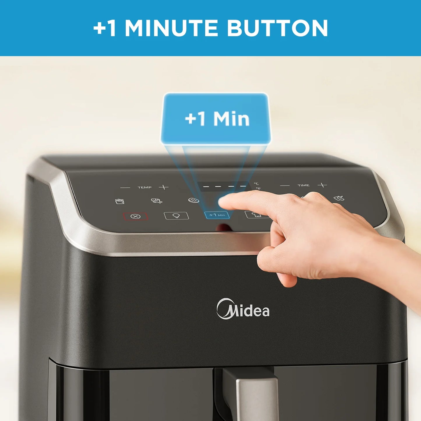 Bouton +1 minute sur la Friteuse Air Fryer Midea 7.4L – Cuisson Rapide & Économe pour une cuisson précise