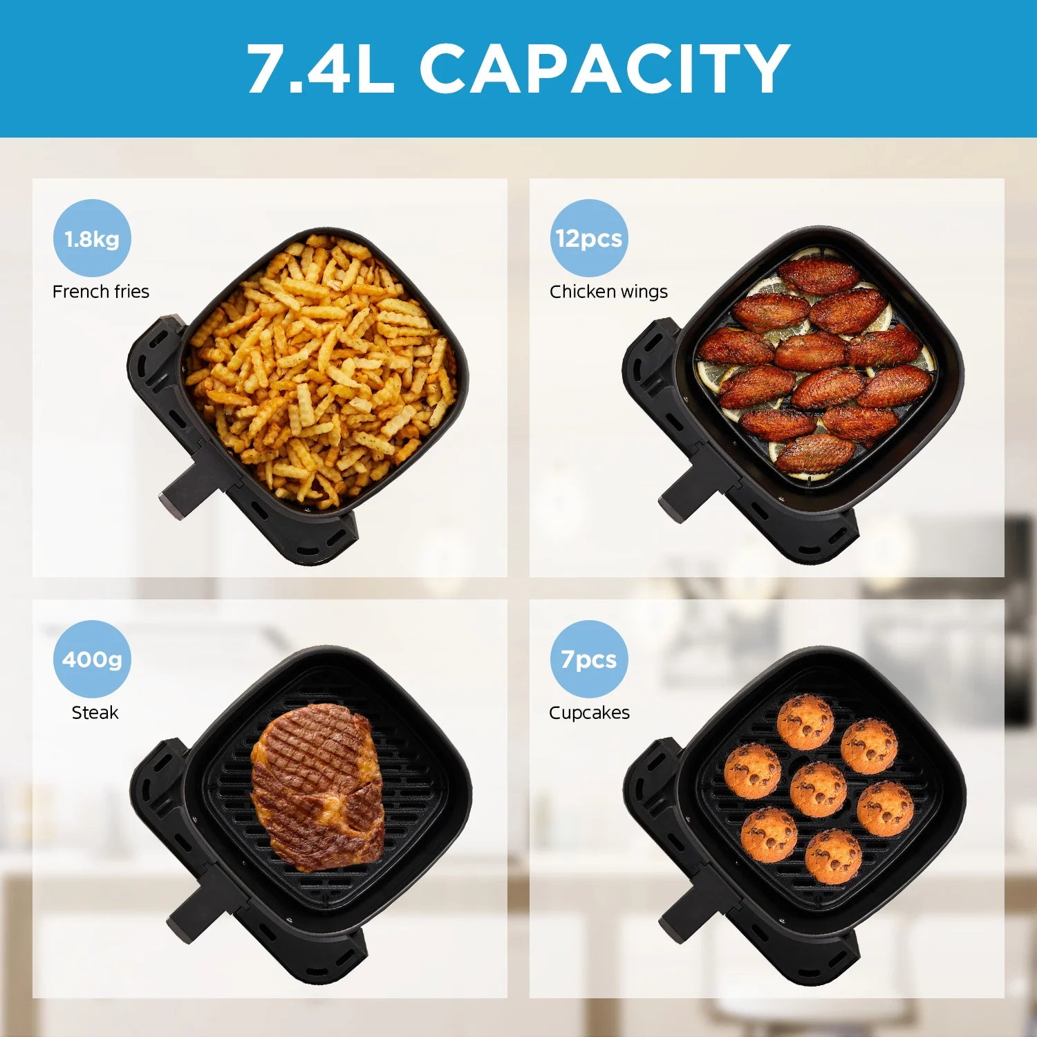Friteuse Air Fryer Midea 7.4L – Cuisson Rapide & Économe avec aliments variés comme frites et cupcakes