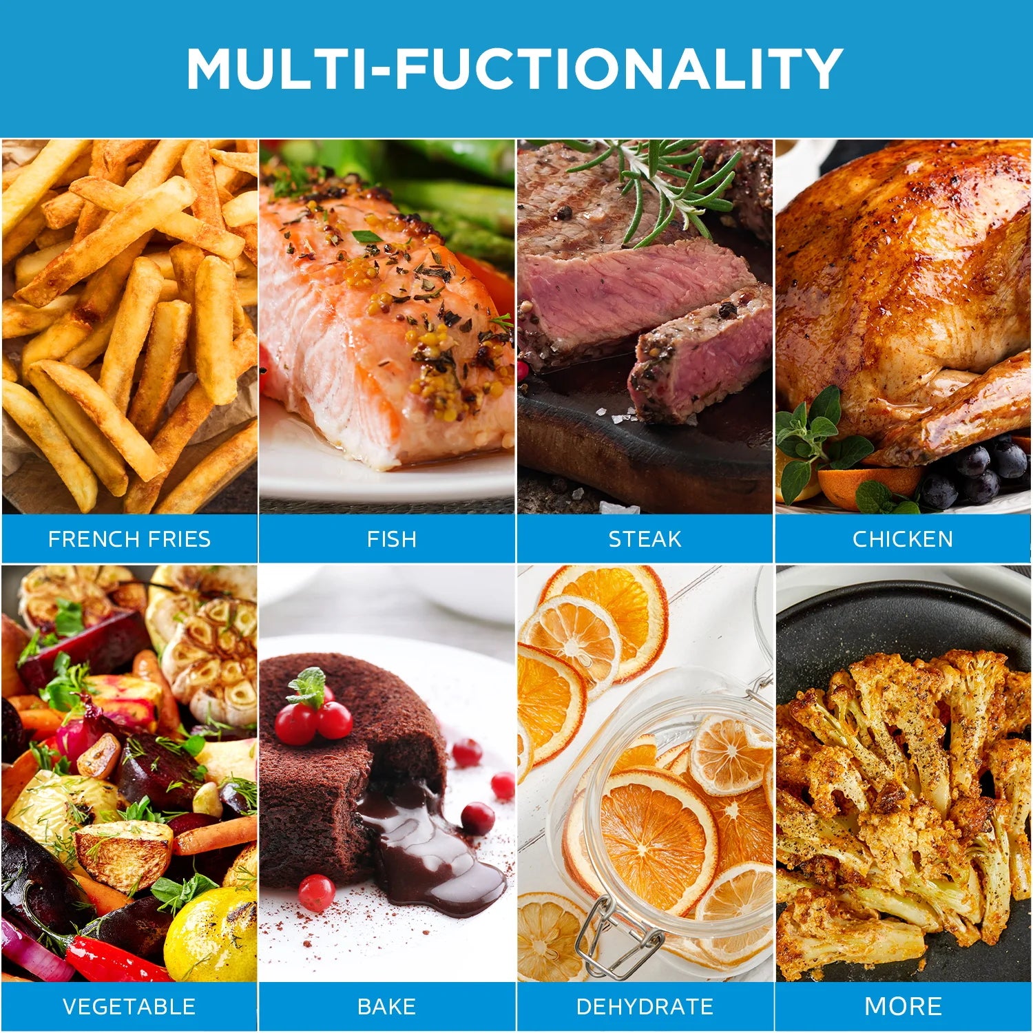 Friteuse Air Fryer Midea 7.4L – Cuisson Rapide & Économe avec divers plats cuisinés comme frites, poisson et poulet