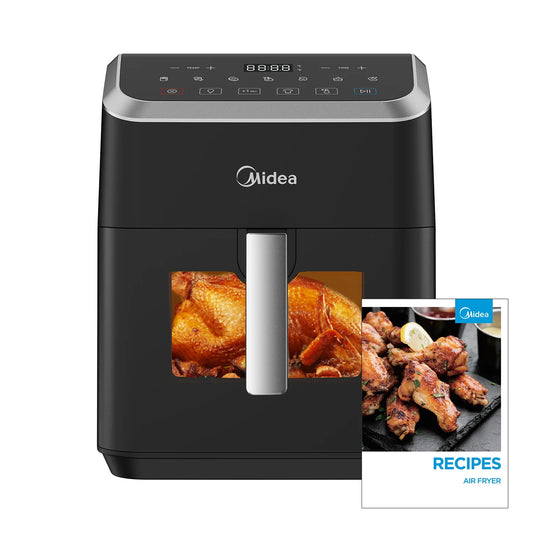 Friteuse Air Fryer Midea 7.4L – Cuisson Rapide & Économe avec poulet croustillant et recettes assorties